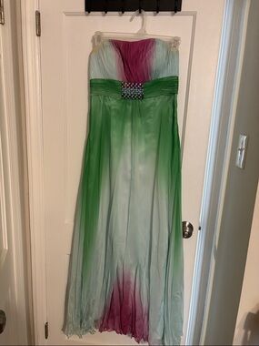 Strapless Ombre Prom Dress with Beaded Waistband - Green, Pink, Teal